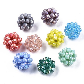 Electroplate Glass Round Woven Beads, Cluster Beads, AB Color Plated, Faceted, Mixed Color, 15.5~17mm, Hole: 2mm, Beads: 4x3.5mm