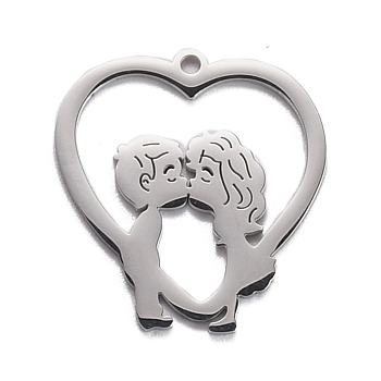 Non-Tarnish 304 Stainless Steel Pendants, Heart with Boy and Girl Kiss Pattern, Stainless Steel Color, 24.5x23.5x1.4mm, Hole: 1.6mm