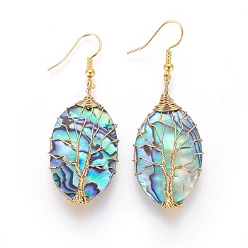 Abalone Shell/Paua Shell Dangle Earrings, with Brass Earring Hooks, Oval with Tree, Golden, 55.5~57.5mm, Pin: 0.6mm