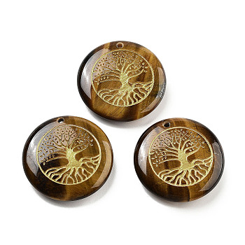 Natural Tiger Eye Carved Pendants, Flat Round with Tree of Life Charms, 30x7mm, Hole: 1.8mm