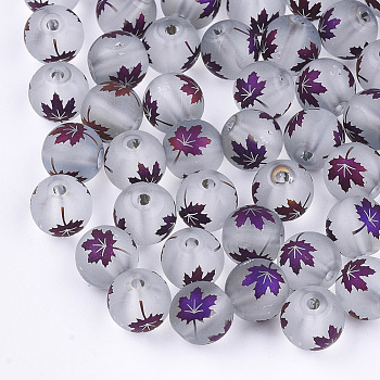 Autumn Theme Electroplate Transparent Glass Beads, Frosted, Round with Maple Leaf Pattern, Indigo, 8~8.5mm, Hole: 1.5mm