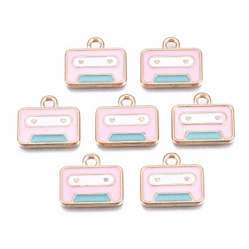 Alloy Charms, with Enamel, Cadmium Free & Lead Free, Cassette Tape, Light Gold, Pink, 14x16x1mm, Hole: 2mm