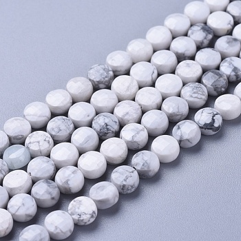 Natural Howlite Beads Strands, Faceted, Flat Round, 6~7x4~4.5mm, Hole: 1mm, about 61~64pcs/strand, 14.96 inch(38cm)