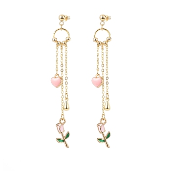 Enamel Heart & Rose Dangle Stud Earrings, Gold Plated Alloy Long Tassel Drop Earrings for Valentine's Day, Pink, 80mm, Pin: 0.8mm