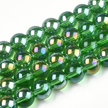 Electroplate Transparent Glass Beads Strands, AB Color Plated, Round, Green, 8~8.5mm, Hole: 1.5mm, about 51~53pcs/strand, 14.96 inch~15.55 inch(38~39.7cm)