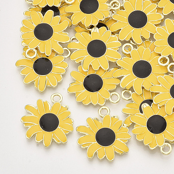 Alloy Pendants, with Enamel, Flower/Daisy, Light Gold, Gold, 27x25x2.5mm, Hole: 3mm