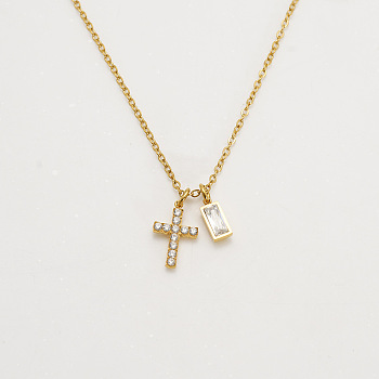304 Stainless Steel Pave Cubic Zirconia April Birth Stone Religion Cross and Rectangle Pendant Necklaces, Golden, Clear, 17.72 inch(45cm)