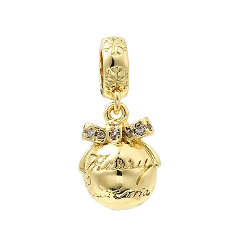 Bowknot Gift Box with Word Merry Christmas Brass Micro Pave Cubic Zirconia European Dangle Charms, Large Hole Pendants, Rack Plating, Long-Lasting Plated, Cadmium Free & Lead Free, Real 18K Gold Plated, 22.5mm, Hole: 5mm