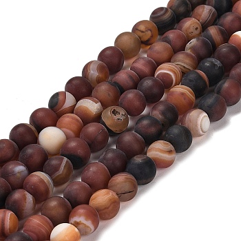 Natural Striped Agate/Banded Agate Beads Strands, Round, Dyed & Heated, Frosted, Saddle Brown, 10~10.5mm, Hole: 1.2mm, about 38pcs/strand, 14.57''(37cm)