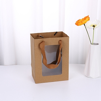 Rectangle Paper Bags, with Handles, for Gift Shopping Bags, with Clear Window, Camel, 13x18x25cm
