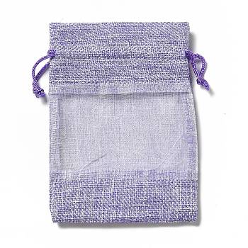 Linen Pouches, Drawstring Bags, with Organza Windows, Rectangle, Lilac, 14x10x0.5cm