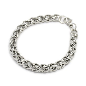 Trendy 304 Stainless Steel Wheat Chain Bracelets, with Lobster Claw Clasps, Stainless Steel Color, 7-7/8 inch(200mm), 8mm