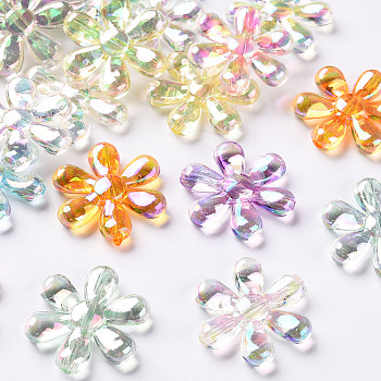 Transparent Acrylic Beads, AB Color, Flower, Mixed Color, 25x4.5mm, Hole: 1.6mm