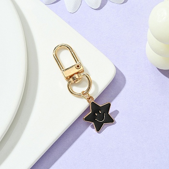 Star with Smiling Face Alloy Enamel Pendant Decorations, with Alloy Swivel Clasps, Black, 53mm