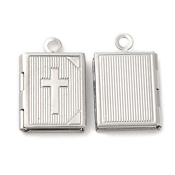 316 Surgical Stainless Steel Locket Pendants, Rectangle with Cross Charm, Stainless Steel Color, 17x11.5x2.5mm, Hole: 1.6mm, Inner Diameter: 6x9.5mm