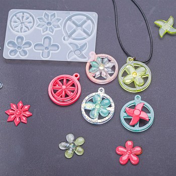 Flat Round Spinning Pendant and Windmill & Snowflake & Flower & Clover & Tyre Cabochon Silicone Molds, Resin Casting Molds, for UV Resin & Epoxy Resin Jewelry Making, White, 99x63x6mm, Hole: 3mm, Inner Diameter: 27~40x27~35mm