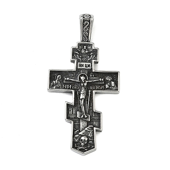 304 Stainless Steel Pendants, Russian Orthodox Cross Charms, Lead Free & Cadmium Free & Nickel Free, Antique Silver, 65x32x4~9mm, Hole: 10x5mm