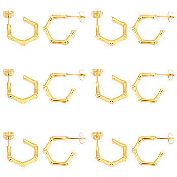 DICOSMETIC 6Pair 304 Stainless Steel Half Hoop Earrings, Bamboo Stick Stud Earrings for Women, Golden, 20x17x3mm, Pin: 0.7mm