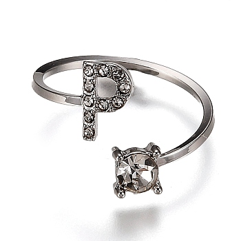 Alloy Cuff Rings, Open Rings, with Crystal Rhinestone, Platinum, Letter.P, US Size 7 1/4(17.5mm)