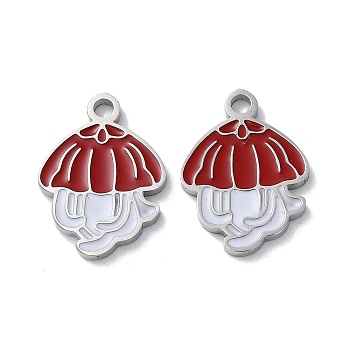 304 Stainless Steel Pendants, with Enamel, Jellyfish Charm, Stainless Steel Color, 16.5x12x1.5mm, Hole: 1.8mm
