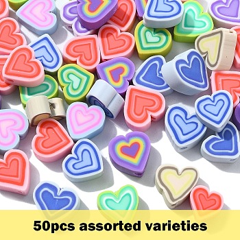 50Pcs Handmade Polymer Clay Beads, Heart, Valentine's Day Theme, Mixed Color, 8~10x9~10.5x4~5mm, Hole: 1.2mm