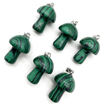 Synthetic Malachite Pendants, Mushroom Charms, with Platinum Tone Metal Findings, 24x15mm