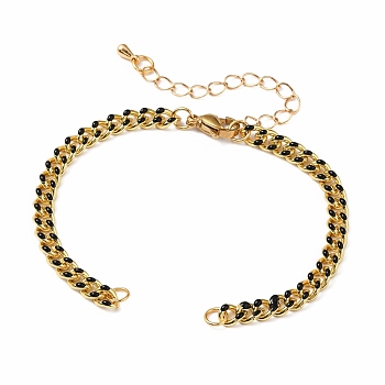 Two Tone Handmade Brass Curb Chain Bracelet Makings, with Enamel and 304 Stainless Steel Lobster Claw Clasps, Real 18K Gold Plated, Black, 5-1/2 inch(14cm)