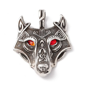 304 Stainless Steel Pendants, with Rhinestone Eyes, Wolf, Red, 49x39x7mm, Hole: 5.5X9.5mm