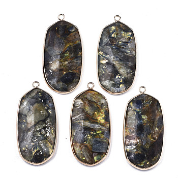 Assembled Synthetic Pyrite and Kyanite/Cyanite/Disthene Pendants, with Brass Edge and Loop, Oval, Light Gold, 49.5x23.5x5mm, Hole: 2mm