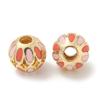 Alloy Enamel European Beads, Large Hole Beads, Round with Flower, Golden, 14x13mm, Hole: 4.5mm