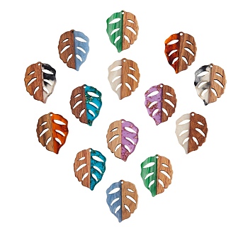 Resin & Walnut Wood Pendants, Leaf, Mixed Color, 37x28x3mm, Hole: 2mm, 7 colors, 2pcs/color, 14pcs/set