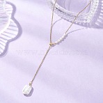 Adjustable Natural Keshi Pearl Rectangle Pendant 304 Stainless Steel Cable Chain Lariat Y Necklaces, Seashell Color, Golden, 18.90 inch(48cm)(NJEW-JN05950)