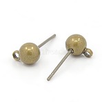 Brass Ball Post Ear Stud Findings, with Loop, Nickel Free, Antique Bronze Color, about 4mm wide, 15mm long, hole: about 1.5mm(X-EC253-AB)