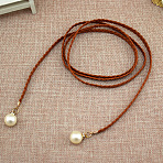 Imitation Leather Braided Belly Belt with Plastic Imitation Pearl Round Bead, Sienna, 1400mm(WG11EBA-08)