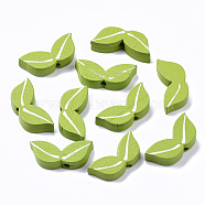 Spray Painted Natural Wood Beads, Printed, Leaf, Lime Green, 9x21x4.5mm, Hole: 1.8mm(WOOD-T026-004)