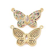 Brass Micro Pave Cubic Zirconia 2-Loop Pendants, Butterfly Charm, Golden, Colorful, 18x18x3mm, Hole: 1.2mm(ZIRC-P106-48G-01)