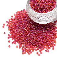 12/0 Grade A Round Glass Seed Beads, Transparent Frosted Style, AB Color Plated, Red, 2x1.5mm, Hole: 0.8mm, about 30000pcs/bag(SEED-Q010-M537)