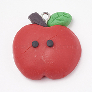 Handmade Polymer Clay Pendants, with Iron Findings, Apple, Platinum, Red, 28x27x11mm, Hole: 2mm(CLAY-T012-05)