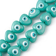 Evil Eye Resin Beads Strands, Heart, Medium Turquoise, 12.5x14x9mm, Hole: 1.8mm, about 30pcs/strand, 14.25 inch(36.2cm)(RESI-F040-01H)