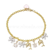 Summer Beach Dolphin & Bowknot Alloy Eanmel Charm Bracelets, Iron Chain Chain Bracelets for Women, Golden, 9-1/8 inch(23cm)(BJEW-JB10382)