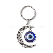 Evil Eye Resin Keychains, with Alloy Findings and Iron Split Key Rings, Moon, Antique Silver & Platinum, 7.05cm(KEYC-JKC00767)