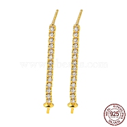 925 Sterling Silver Micro Pave Clear Cubic Zirconia Stud Earring Findings, for Half Drilled Beads, with S925 Stamp, Real 18K Gold Plated, 27.5x2mm, Pin: 10.5x0.7mm and 0.7mm(STER-Q192-26G)