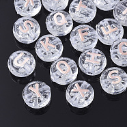 Plating Transparent Acrylic Beads, with Glitter Powder, Metal Enlaced, Horizontal Hole, Flat Round with Letter, Misty Rose, 10x6mm, Hole: 1.8mm, about 1580pcs/500g(MACR-T032-03E)