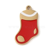 Christmas Theme Ion Plating(IP) 304 Stainless Steel Enamel Charms, Golden, Christmas Socking, 13.5x8x1.5mm, Hole: 1mm(STAS-Z083-06G-05)