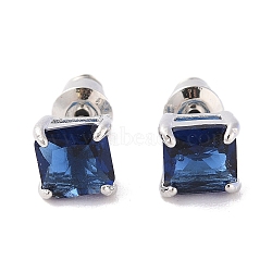 Rack Plating Brass Micro Pave Cubic Zirconia Stud Earrings, Long-lasting Plated, Square, Platinum, Marine Blue, 6.5x6.5mm(EJEW-I304-01P-05)