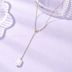 Adjustable Natural Keshi Pearl Rectangle Pendant 304 Stainless Steel Cable Chain Lariat Y Necklaces, Seashell Color, Golden, 18.90 inch(48cm)(NJEW-JN05950)