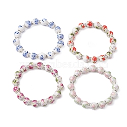 Handmade Flower Printed Porcelain Ceramic Beaded Stretch Bracelet, Mixed Color, Inner Diameter: 2-3/8 inch(6cm)(BJEW-JB11063)