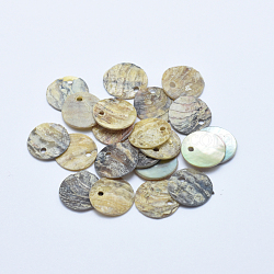 Natural Akoya Shell Charms, Mother of Pearl Shell Pendants, Flat Round, LightKhaki, 11x11x1~2mm, Hole: 1.5mm(SHEL-J001-03)
