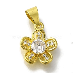 Flower Rack Plating Brass Micro Pave Cubic Zirconia Pendant, Lead Free & Cadmium Free, Long-Lasting Plated, Golden, Clear, 15x12x4mm, Hole: 5x4mm(KK-H485-01G-06)