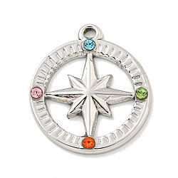 304 Stainless Steel Pendants, with Colorful Rhinestone, Ring with Star Charms, Stainless Steel Color, 20.5x18x2mm, Hole: 1.2x1.8mm(STAS-L278-027P)